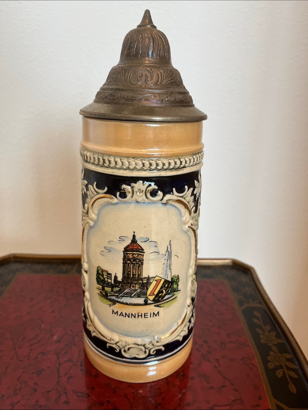 Mannheim German Hand Painted Ceramic Beer Stein w/ Lid